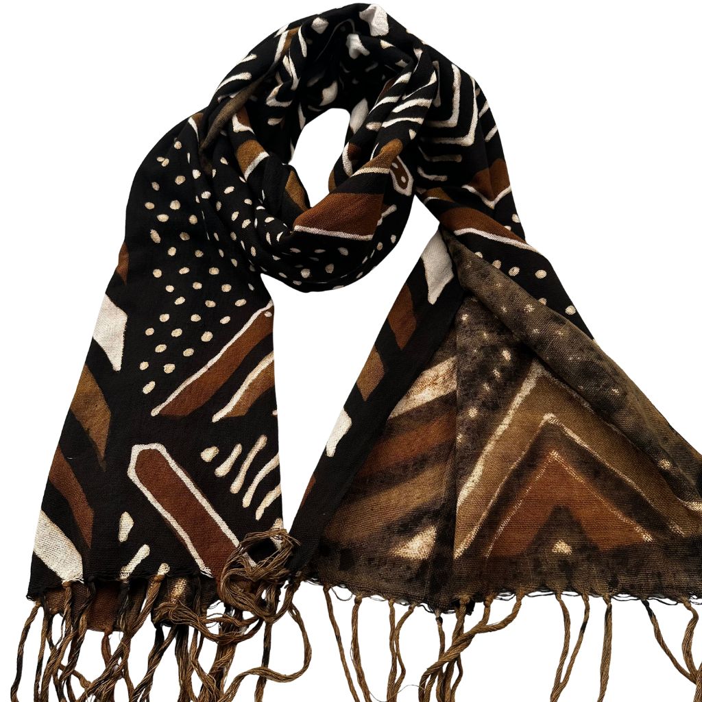 Foulard Bogolan Authentique – Tissé à la Main au Mali, 100 % Coton, Teintures Naturelles (Unisexe) - Marron- OMBAH