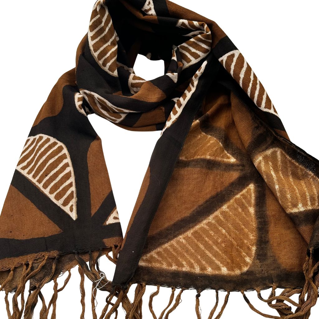 Foulard Bogolan Authentique – Tissé à la Main au Mali, 100 % Coton, Teintures Naturelles (Unisexe) - Marron- OMBAH