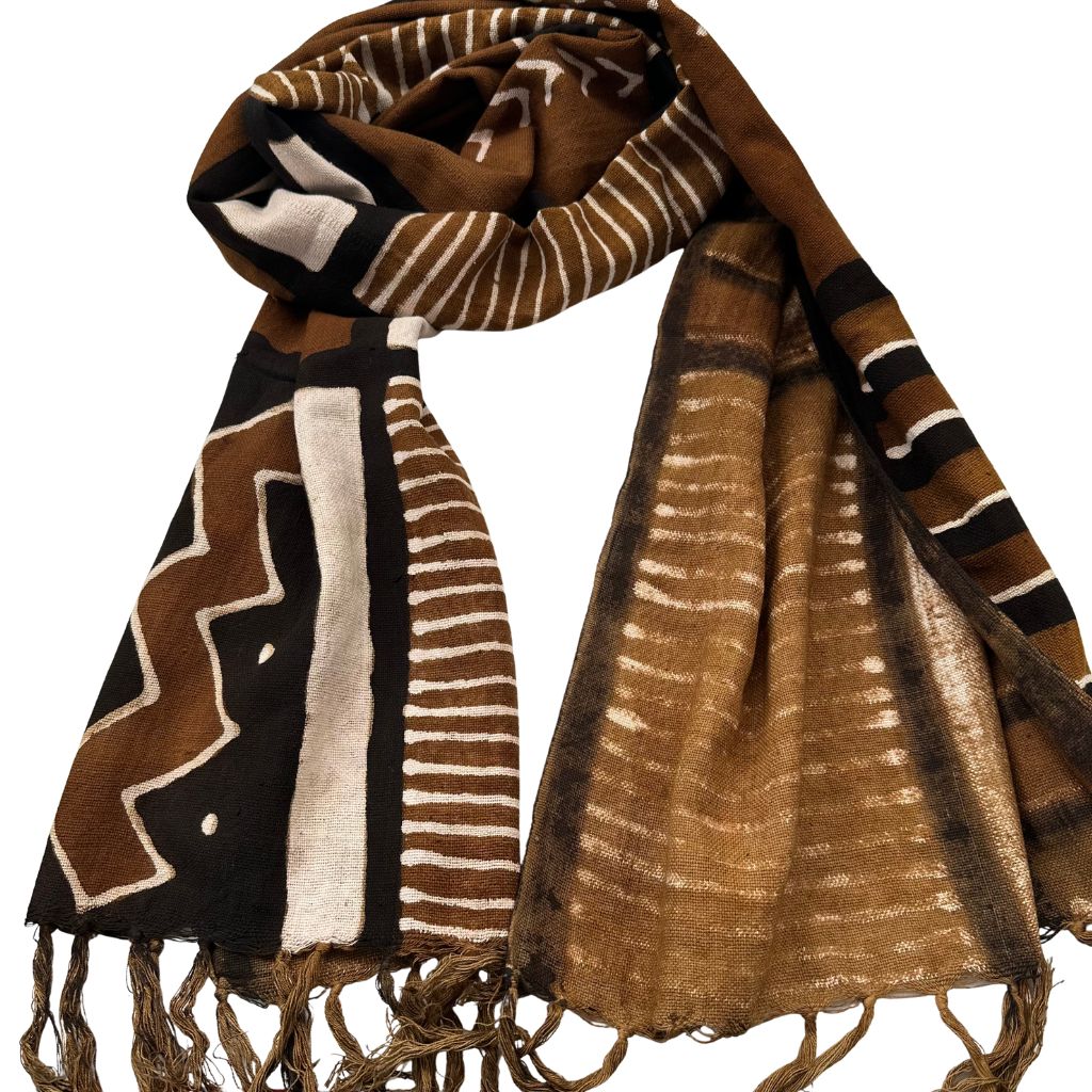 Foulard Bogolan Authentique – Tissé à la Main au Mali, 100 % Coton, Teintures Naturelles (Unisexe) - Marron- OMBAH