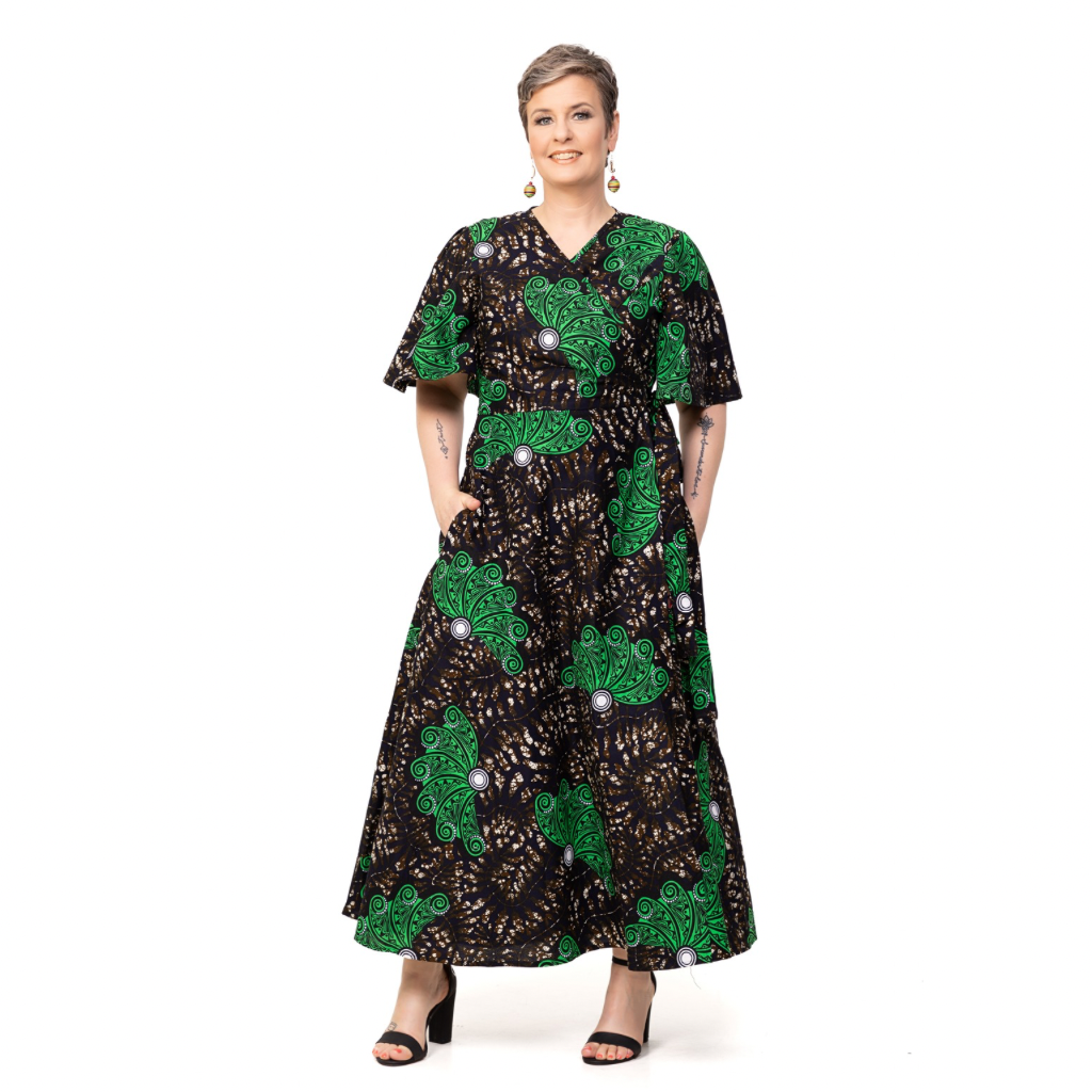 YORI African Fabric Wrap Maxi Dress - Green