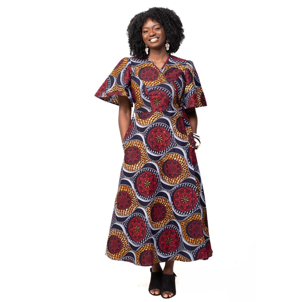 YORI African Fabric Wrap Maxi Dress - Red