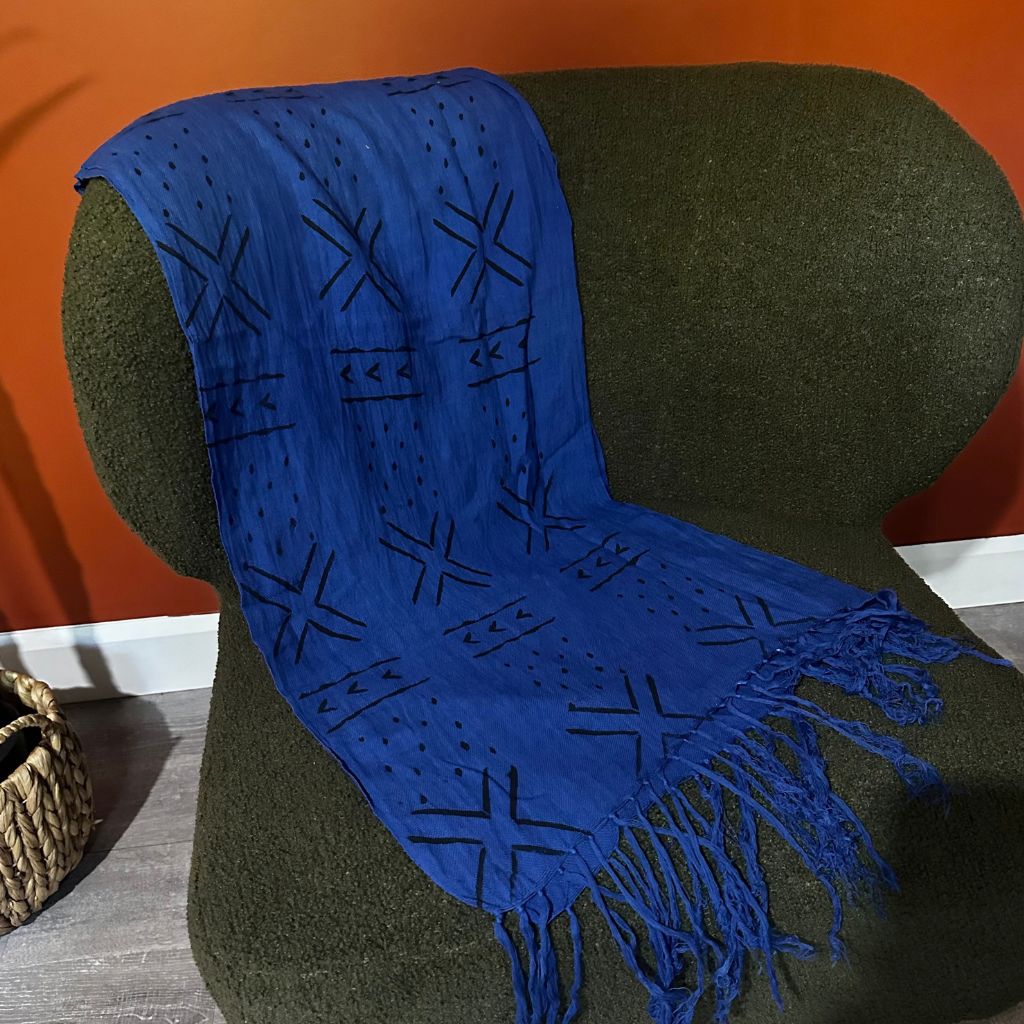 Foulard Bogolan Authentique – Tissé à la Main au Mali, 100 % Coton, Teintures Naturelles (Unisexe) - Bleu- OMBAH
