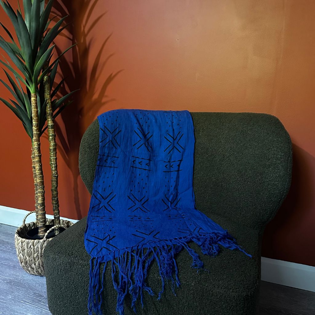 Foulard Bogolan Authentique – Tissé à la Main au Mali, 100 % Coton, Teintures Naturelles (Unisexe) - Bleu- OMBAH