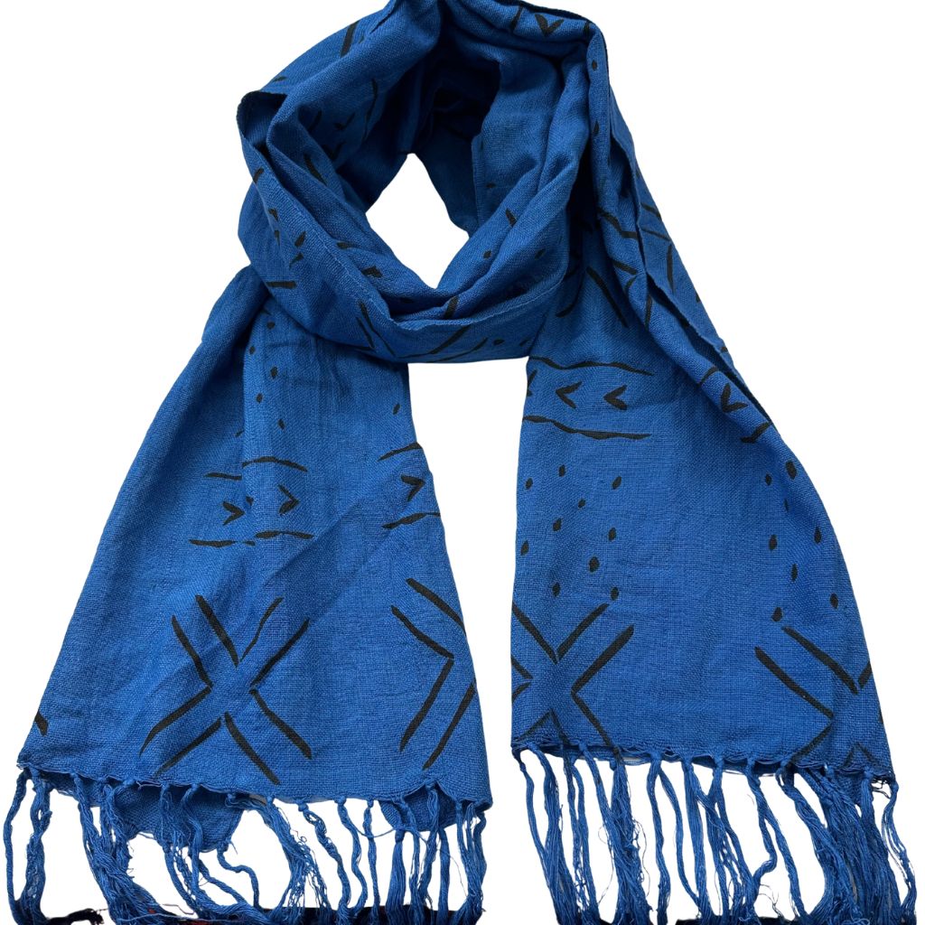 Foulard Bogolan Authentique – Tissé à la Main au Mali, 100 % Coton, Teintures Naturelles (Unisexe) - Bleu- OMBAH