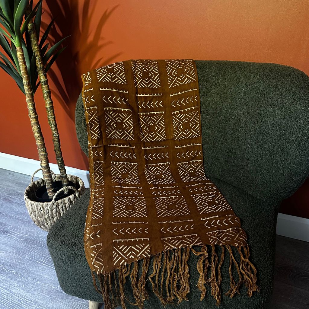 Foulard Bogolan Authentique – Tissé à la Main au Mali, 100 % Coton, Teintures Naturelles (Unisexe) - Terracotta- OMBAH