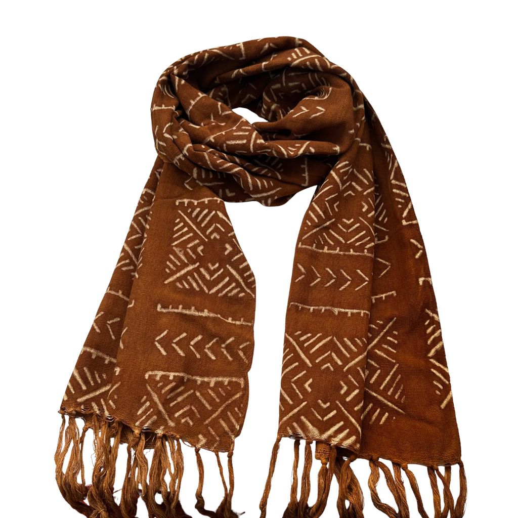 Foulard Bogolan Authentique – Tissé à la Main au Mali, 100 % Coton, Teintures Naturelles (Unisexe) - Terracotta- OMBAH