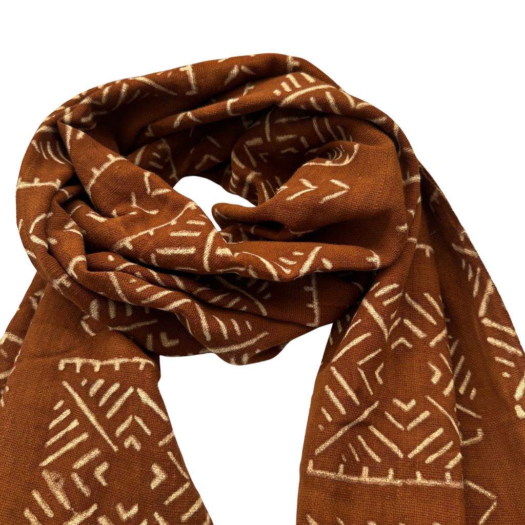 Foulard Bogolan Authentique – Tissé à la Main au Mali, 100 % Coton, Teintures Naturelles (Unisexe) - Terracotta- OMBAH