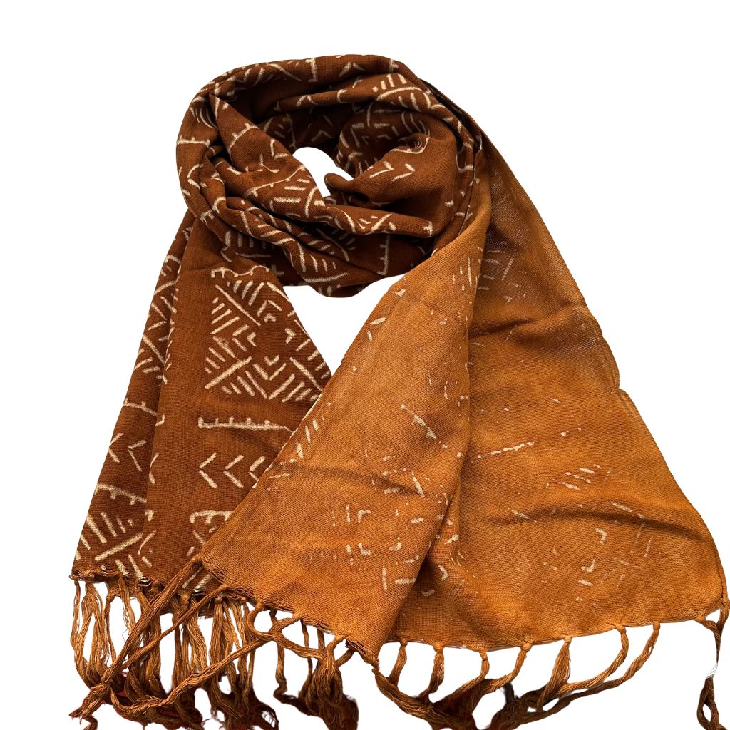 Foulard Bogolan Authentique – Tissé à la Main au Mali, 100 % Coton, Teintures Naturelles (Unisexe) - Terracotta- OMBAH