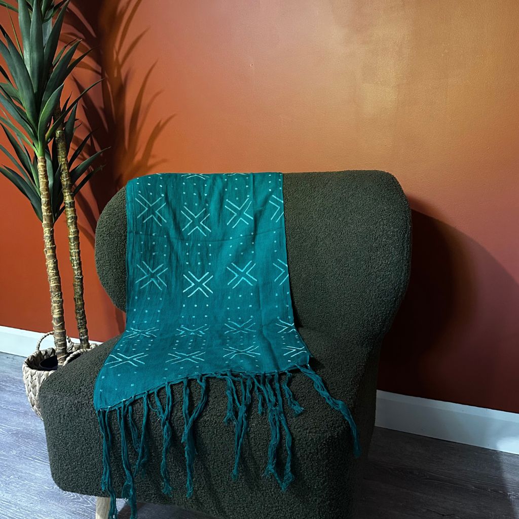 Foulard Bogolan Authentique – Tissé à la Main au Mali, 100 % Coton, Teintures Naturelles (Unisexe) - Turquoise- OMBAH