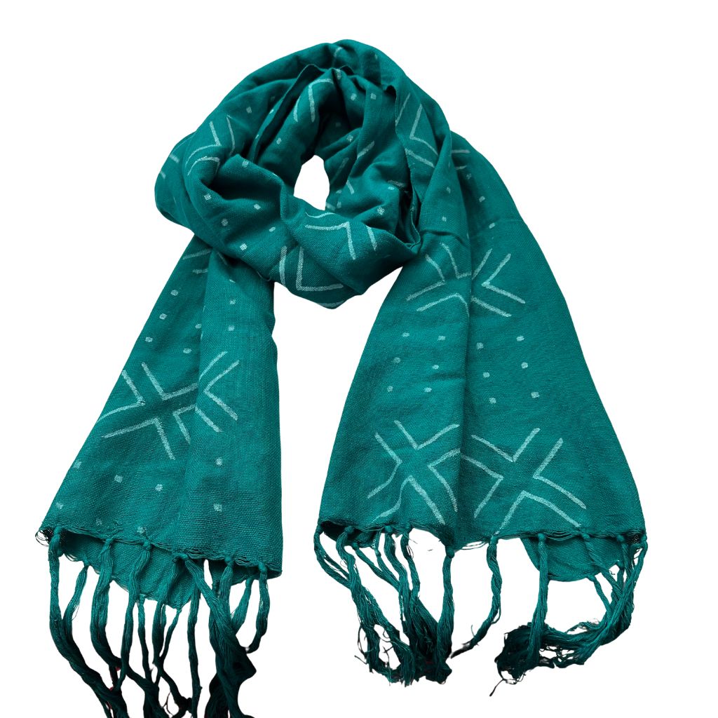 Foulard Bogolan Authentique – Tissé à la Main au Mali, 100 % Coton, Teintures Naturelles (Unisexe) - Turquoise- OMBAH