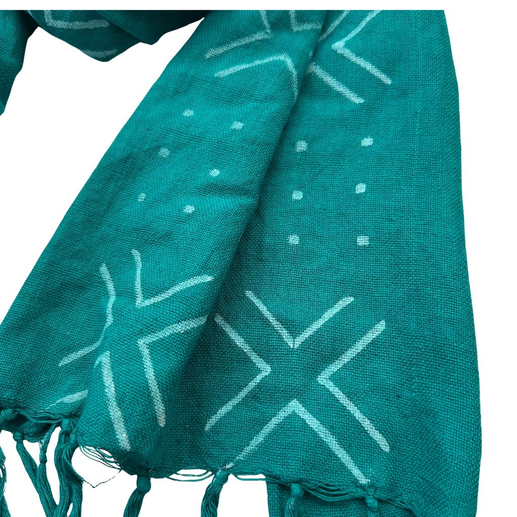 Foulard Bogolan Authentique – Tissé à la Main au Mali, 100 % Coton, Teintures Naturelles (Unisexe) - Turquoise- OMBAH