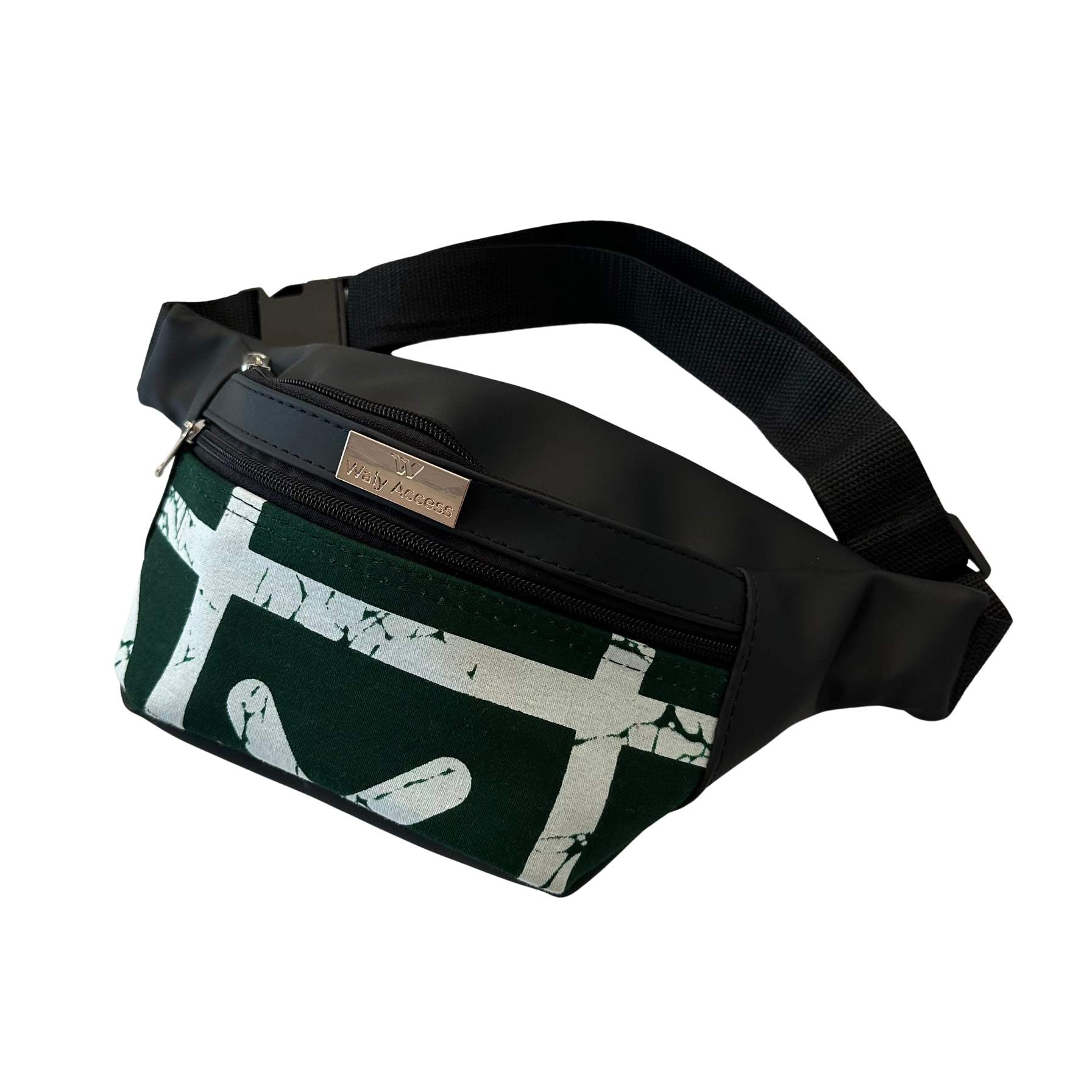 KWALI Medium African Wax Waist Bag in Faux Leather | Unisex Adjustable Fanny Pack | Handmade Belt Bag - Green