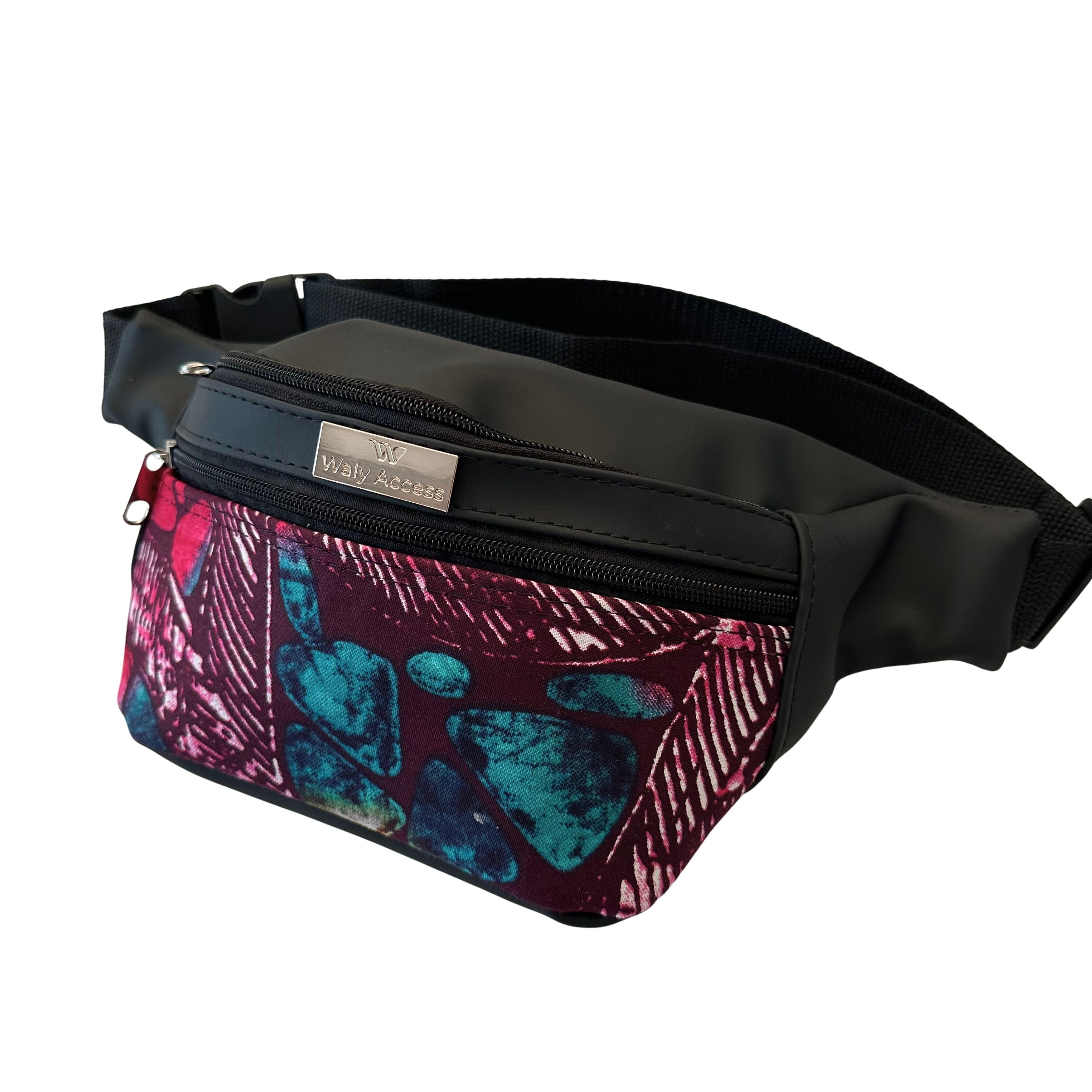 KWALI Medium African Wax Waist Bag in Faux Leather | Unisex Adjustable Fanny Pack | Handmade Belt Bag - Pink & Blue