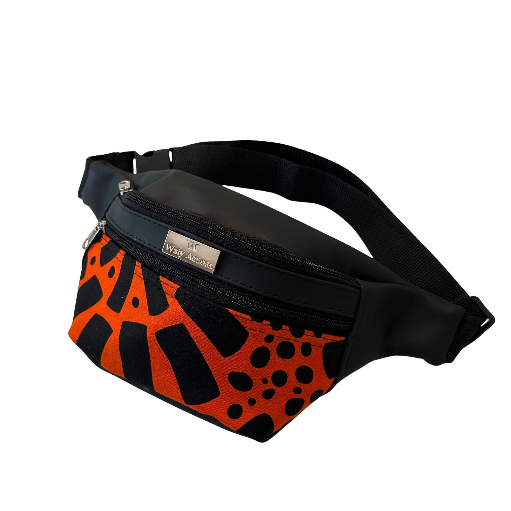 KWALI Medium African Wax Waist Bag in Faux Leather | Unisex Adjustable Fanny Pack | Handmade Belt Bag - Orange