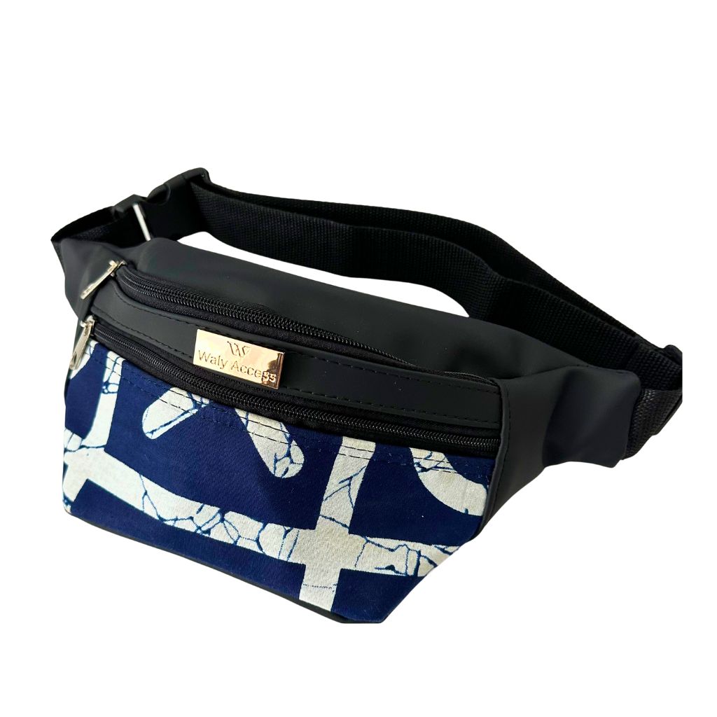 KWALI - Sac banane en wax et simili cuir – Taille moyenne | Unisex avec sangle ajustable - Bleu