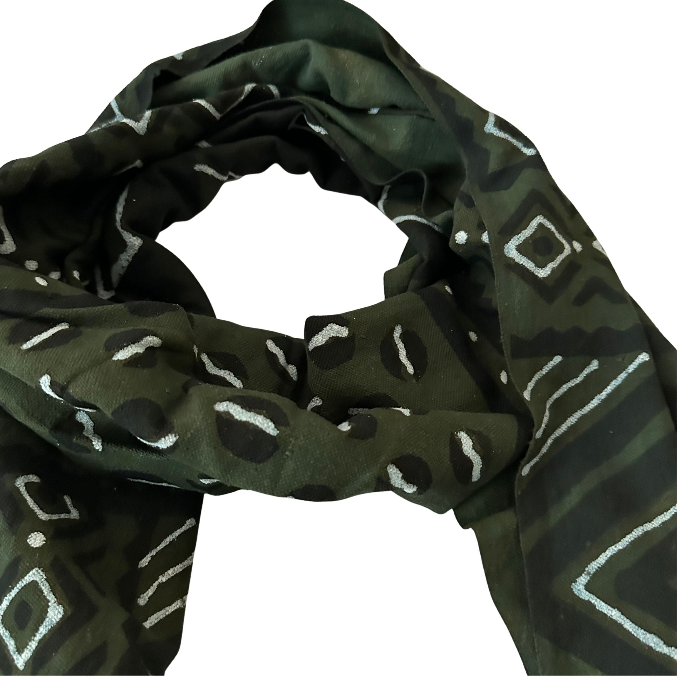 Foulard Bogolan Authentique – Tissé à la Main au Mali, 100 % Coton, Teintures Naturelles (Unisexe) - Vert