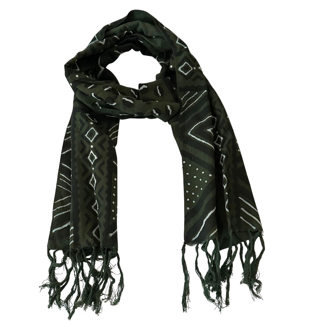 Foulard Bogolan Authentique – Tissé à la Main au Mali, 100 % Coton, Teintures Naturelles (Unisexe) - Vert