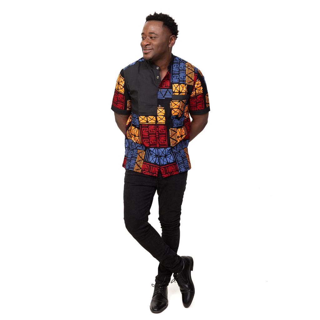 Chemise pour  homme à manches courtes en tissu africain avec une poche - Noir
