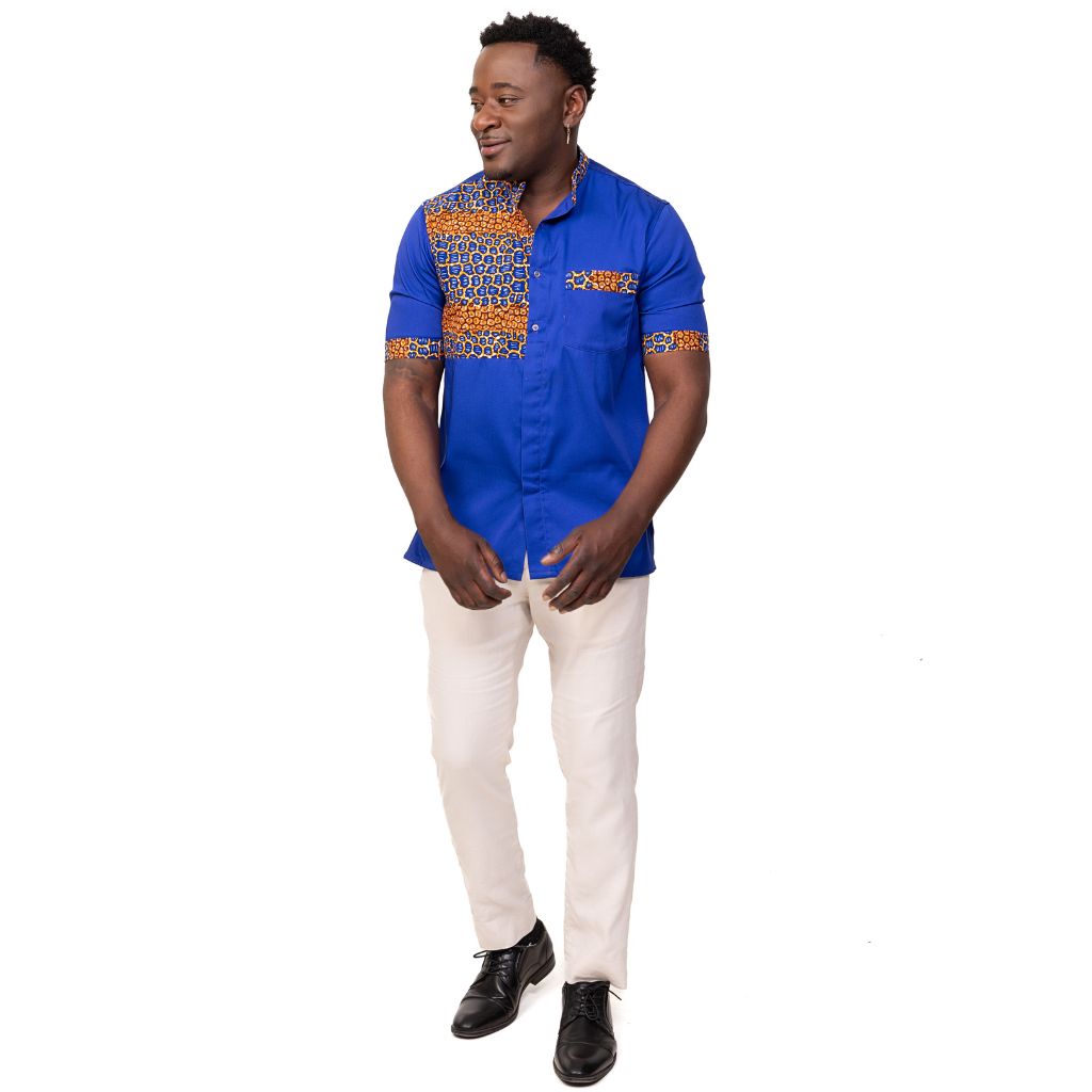 African Fabric Short Sleeved Men Shirt With One Pocket - Blue