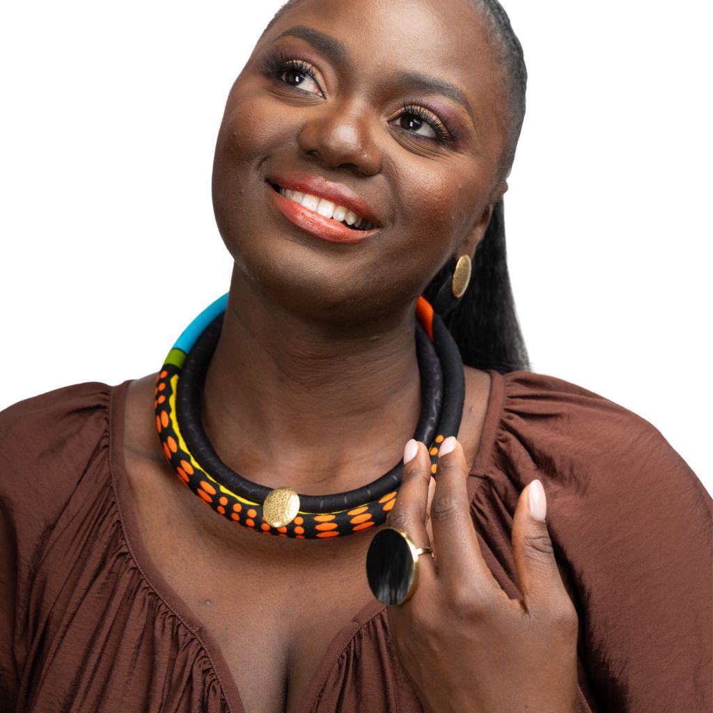 Two Strands African Fabric Set Necklace and Matching Stud Earrings