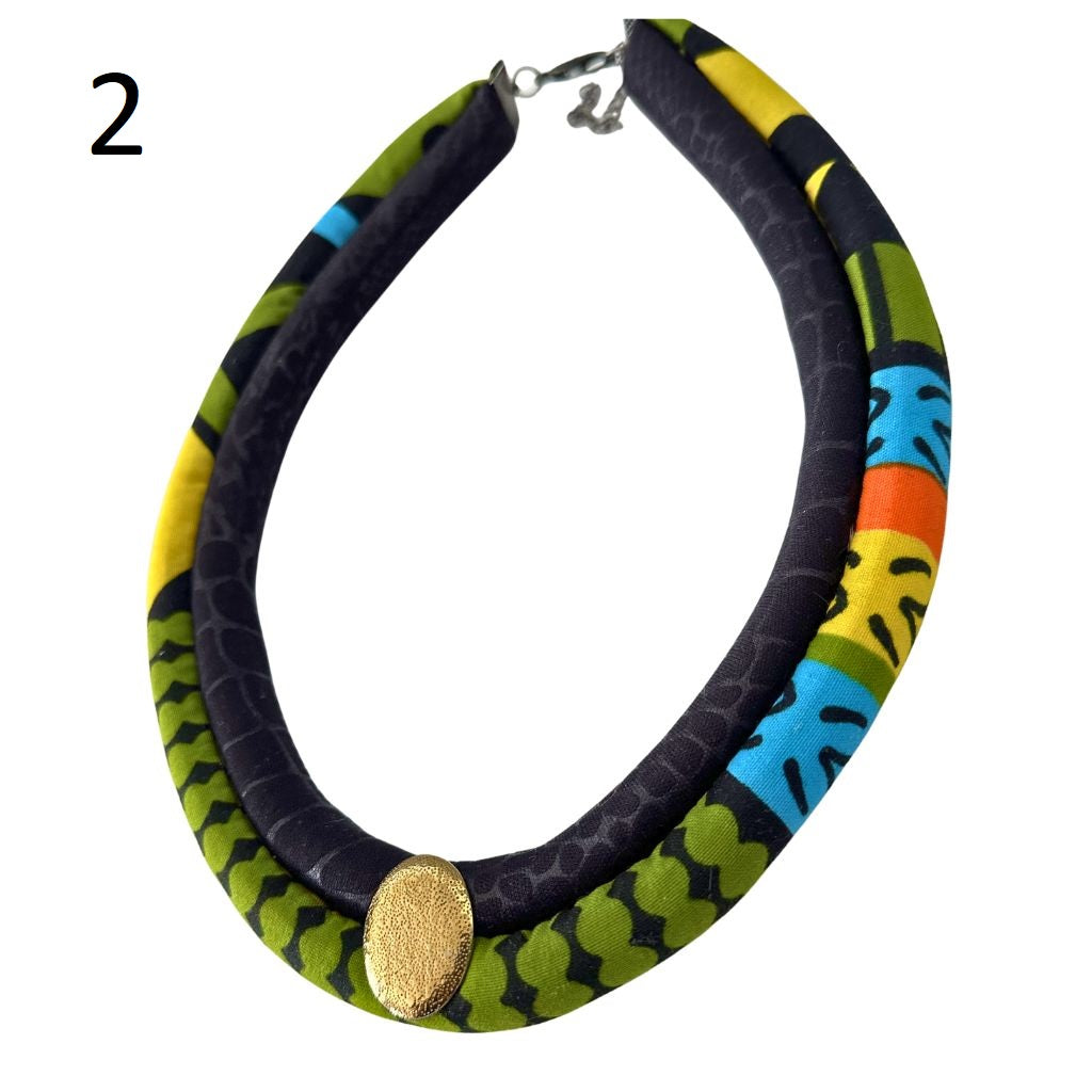 Two Strands African Fabric Set Necklace and Matching Stud Earrings