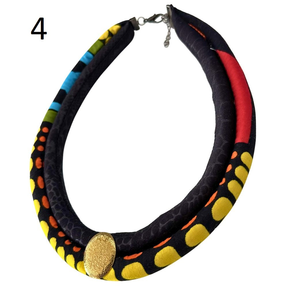 Two Strands African Fabric Set Necklace and Matching Stud Earrings