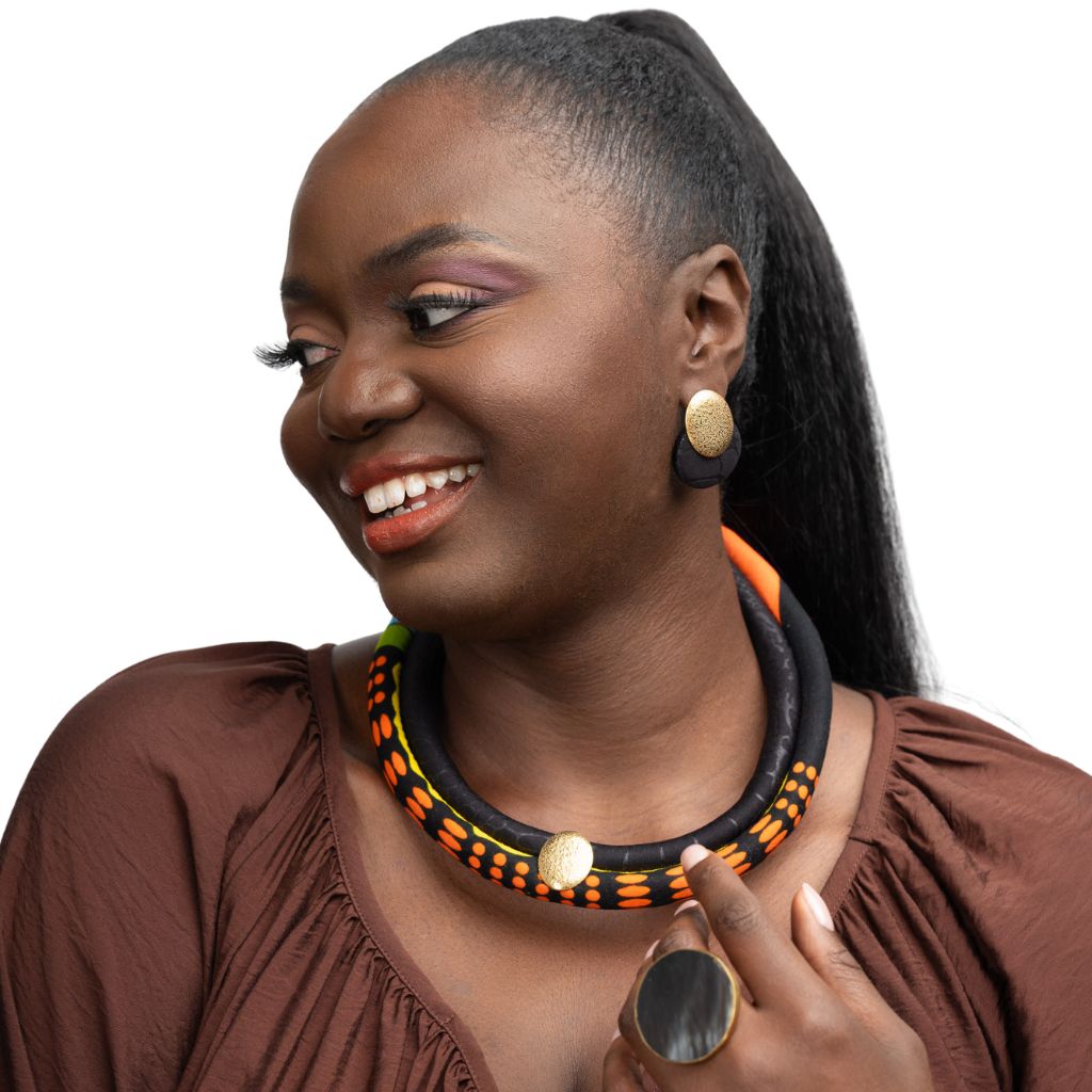 Two Strands African Fabric Set Necklace and Matching Stud Earrings