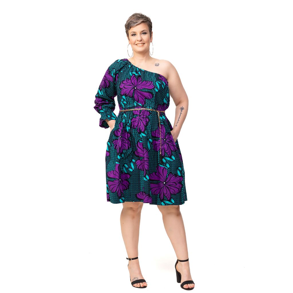 ODOUSSOU Wax print one shoulder dress with 2 pockets - Purple