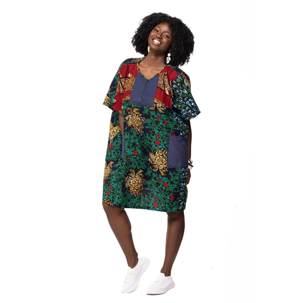 MWARI Patchwork African Fabric BUBU Short Dress - Green