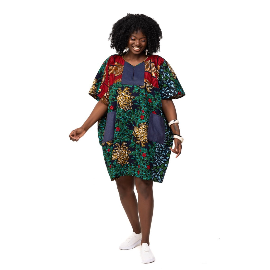 MWARI Patchwork African Fabric BUBU Short Dress - Green MWARI Patchwork African Fabric BUBU Short Dress - Green