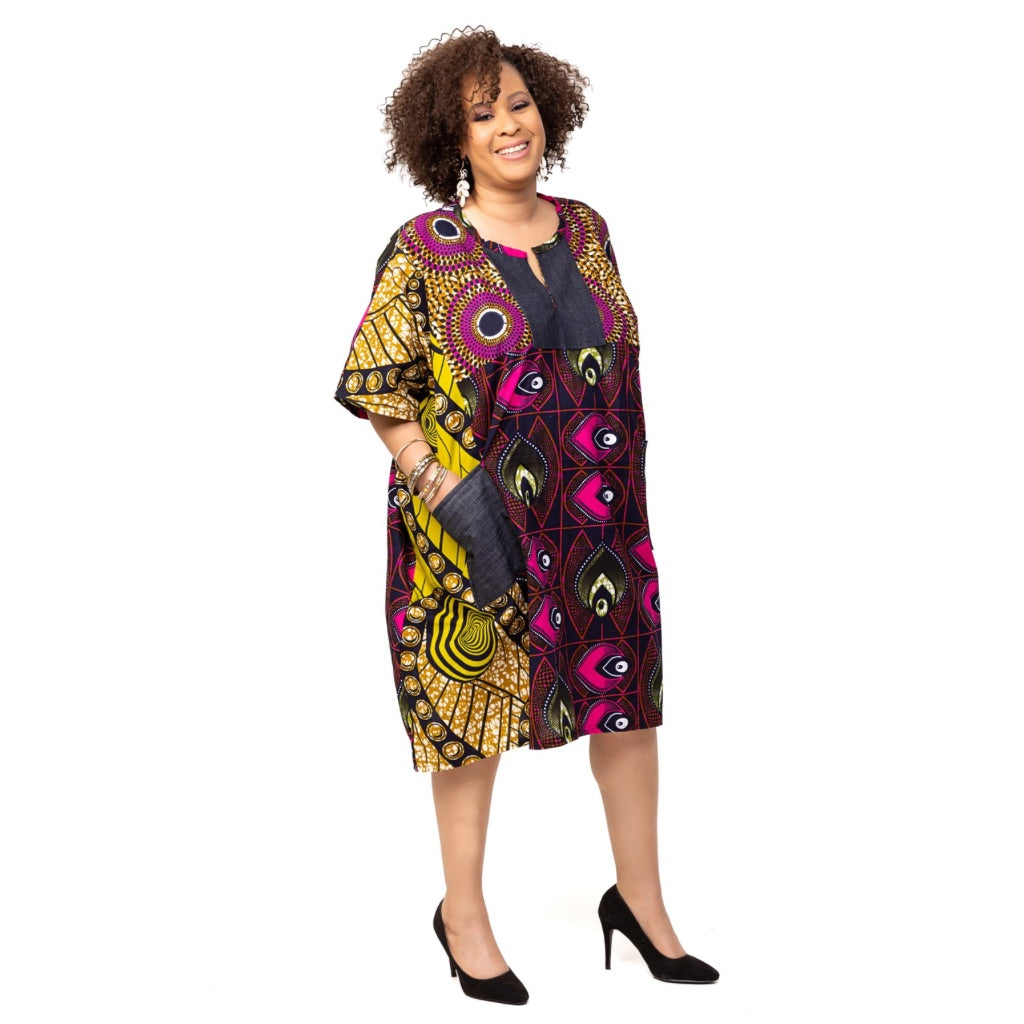 MWARI Patchwork African Fabric BUBU Short Dress - Pink