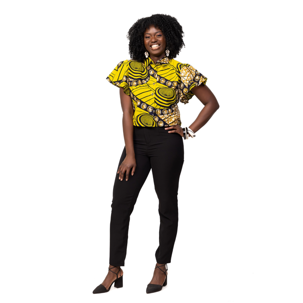 OKASSI African Fabric Short Sleeved Women Shirt - Yellow