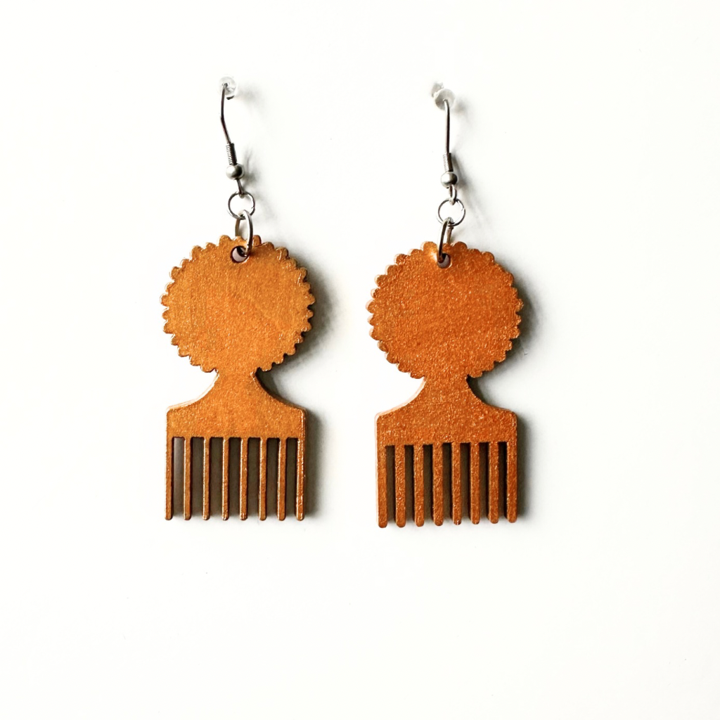 Afro Comb Wood Earrings - Gold