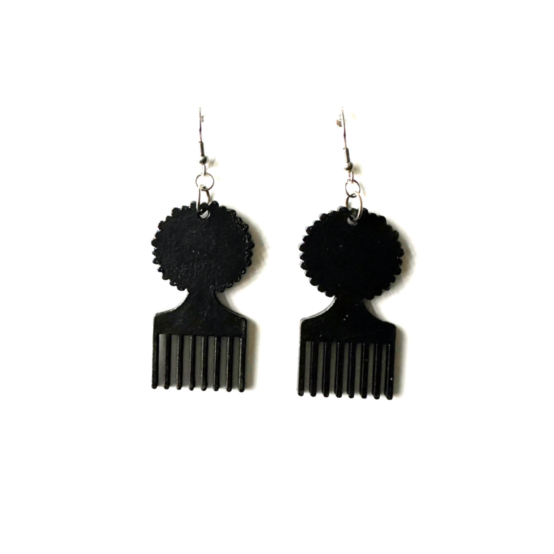Afro Comb Wood Earrings - Black