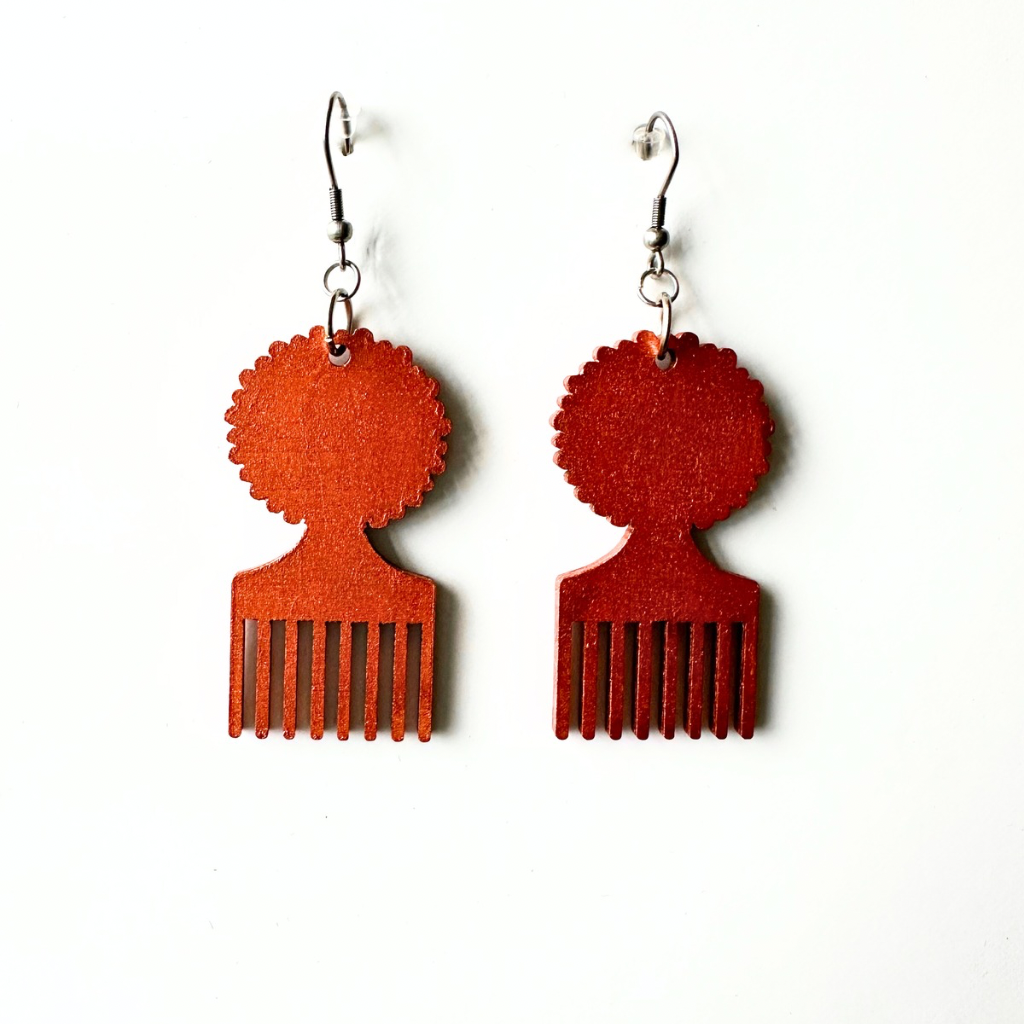 Afro Comb Wood Earrings - Copper