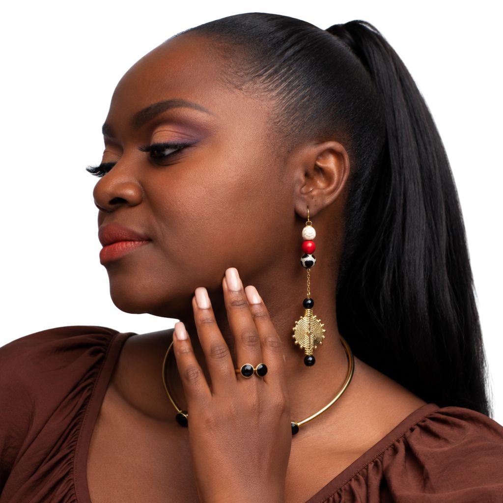 Boucles d’oreilles AMINA – Poids Baoulé, Agate Marbrée & Acier Inoxydable