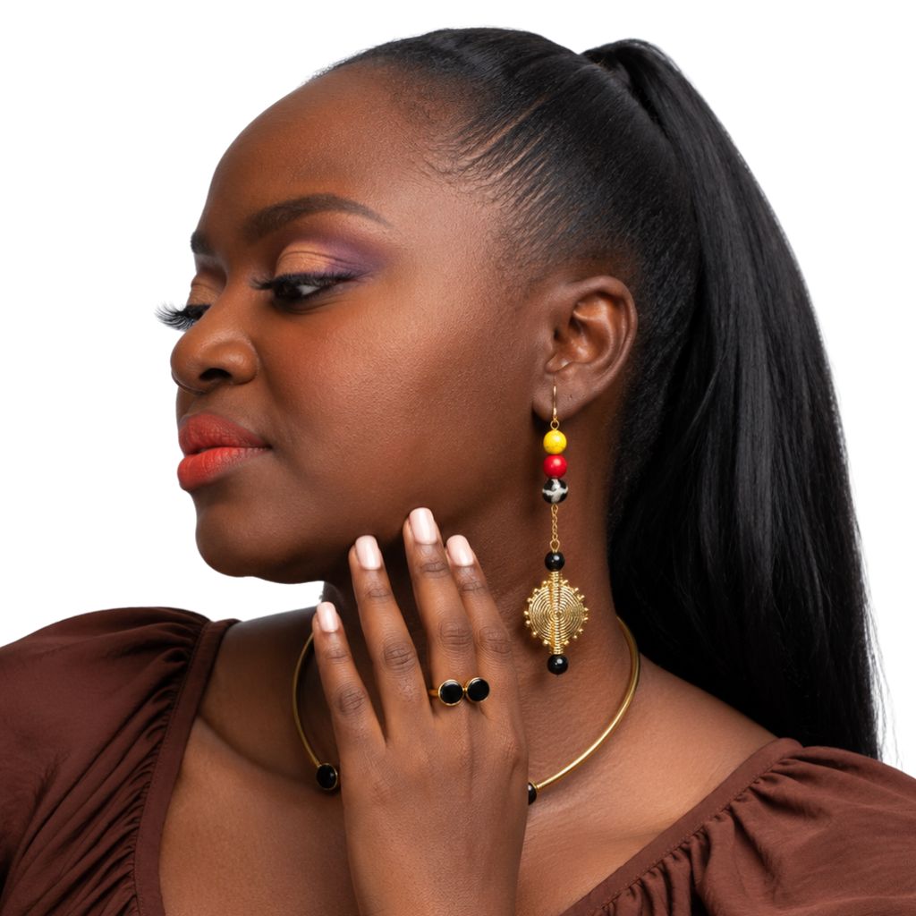Boucles d’oreilles AMINA – Poids Baoulé, Agate Marbrée & Acier Inoxydable