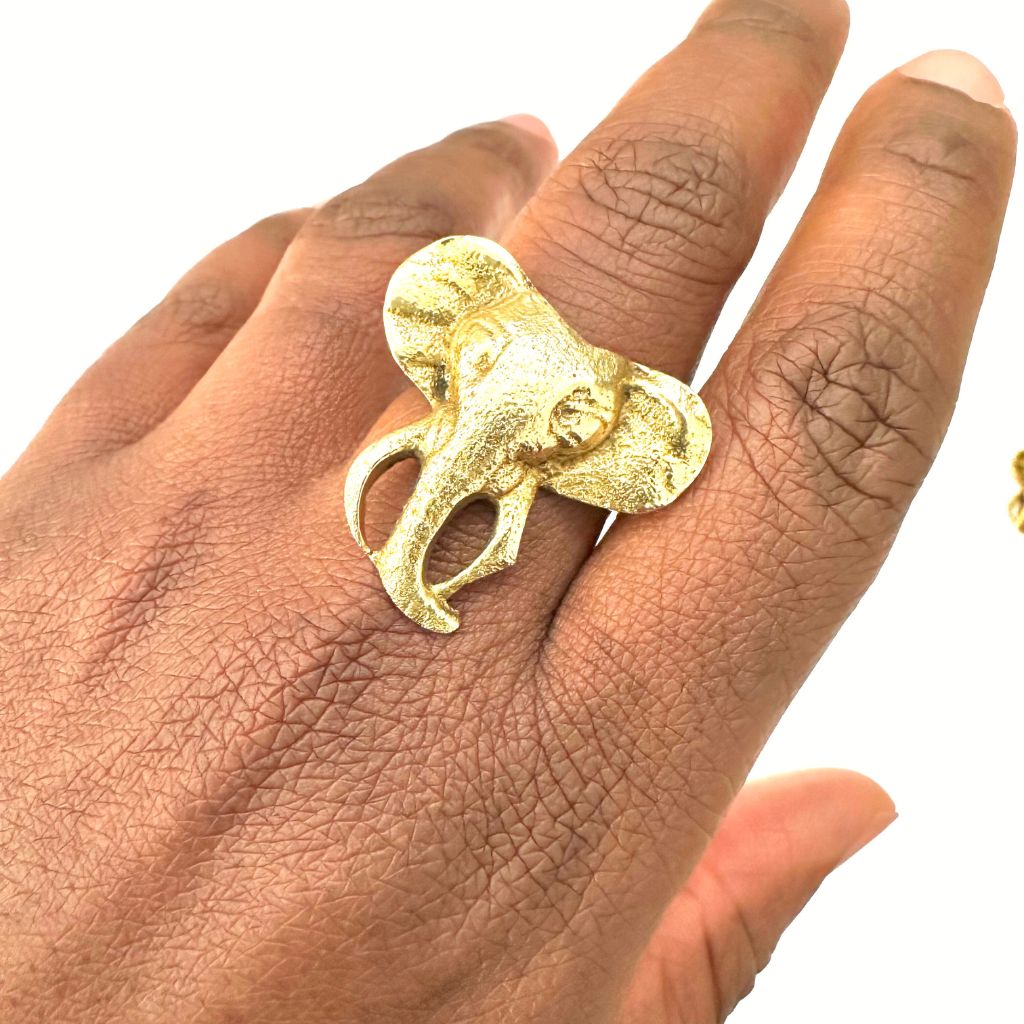 OTSAGUI Magnificent 2-piece Elephant Earrings and Ring brass Set