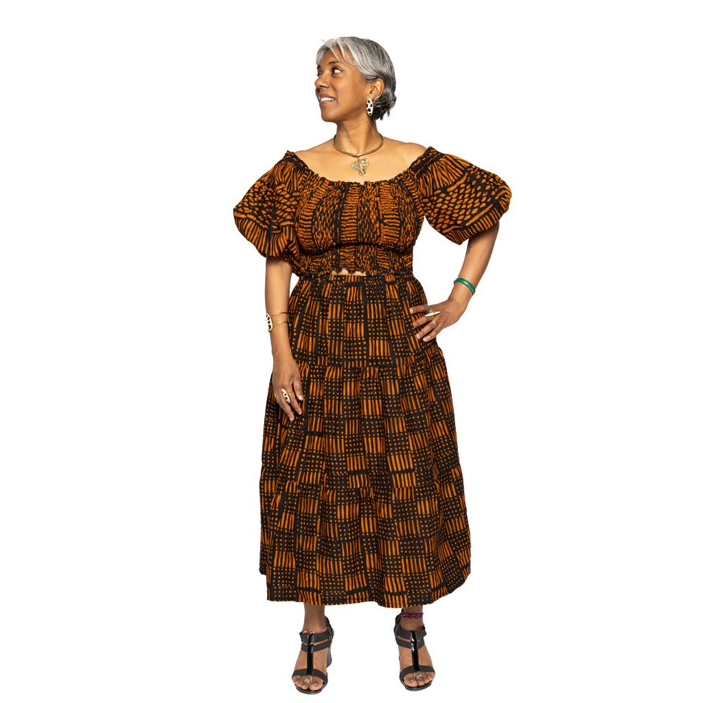AKEWA African Fabric Top and Skirt Set - Brown