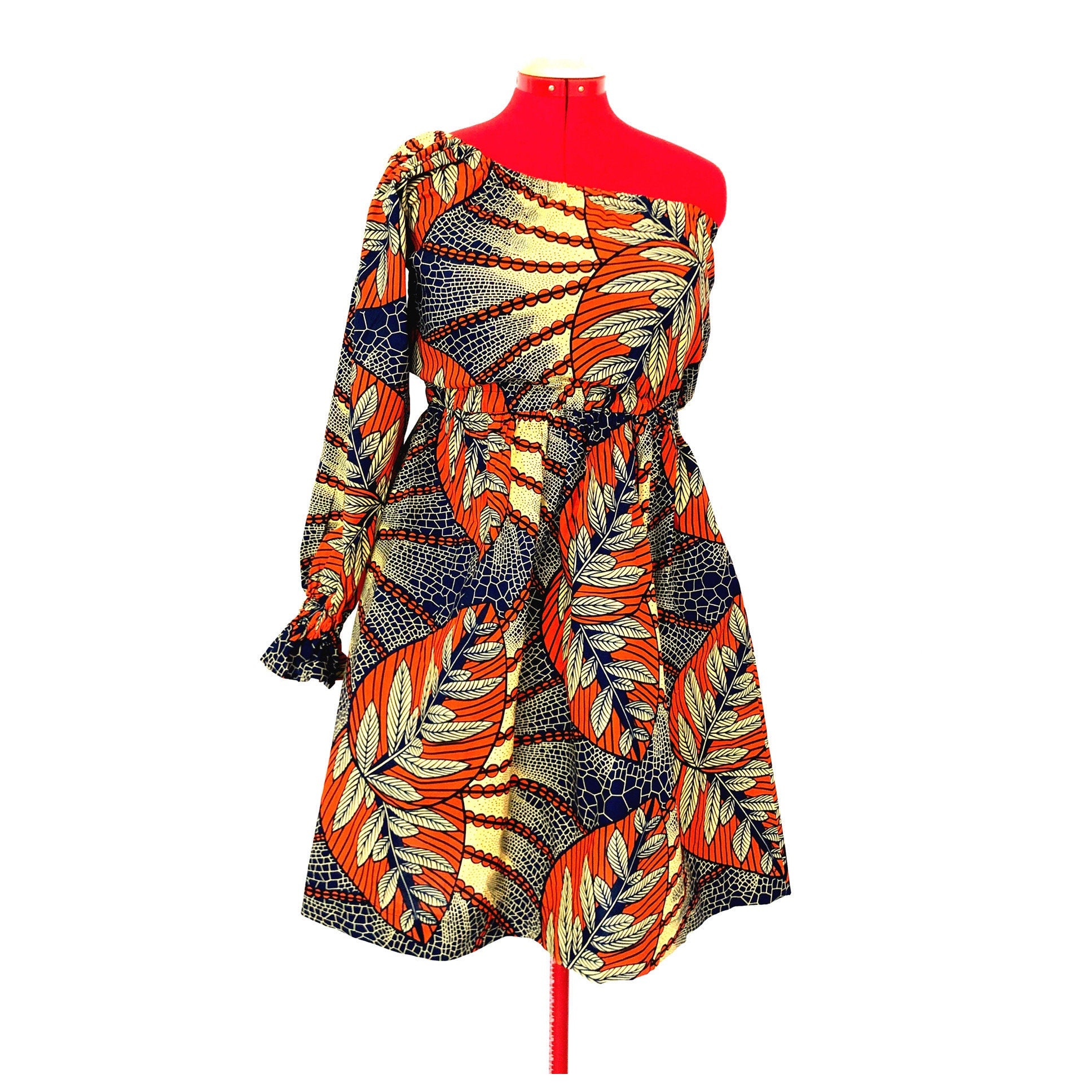 ODOUSSOU Wax print one shoulder dress with 2 pockets - Orange