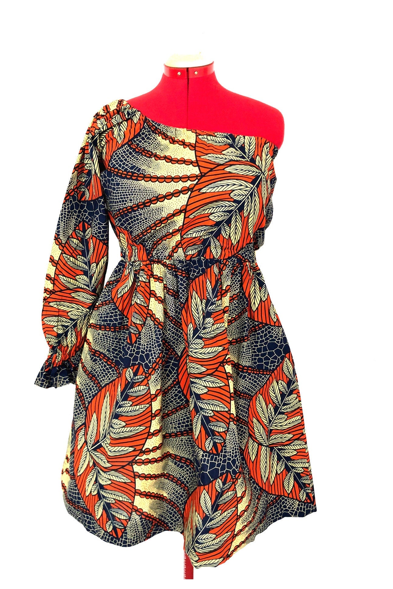 ODOUSSOU Wax print one shoulder dress with 2 pockets - Orange