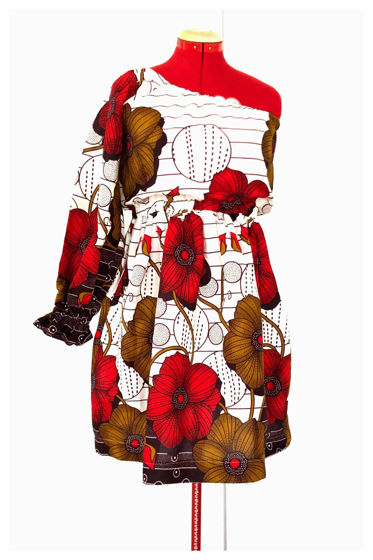 ODOUSSOU Wax print one shoulder dress with 2 pockets - Red