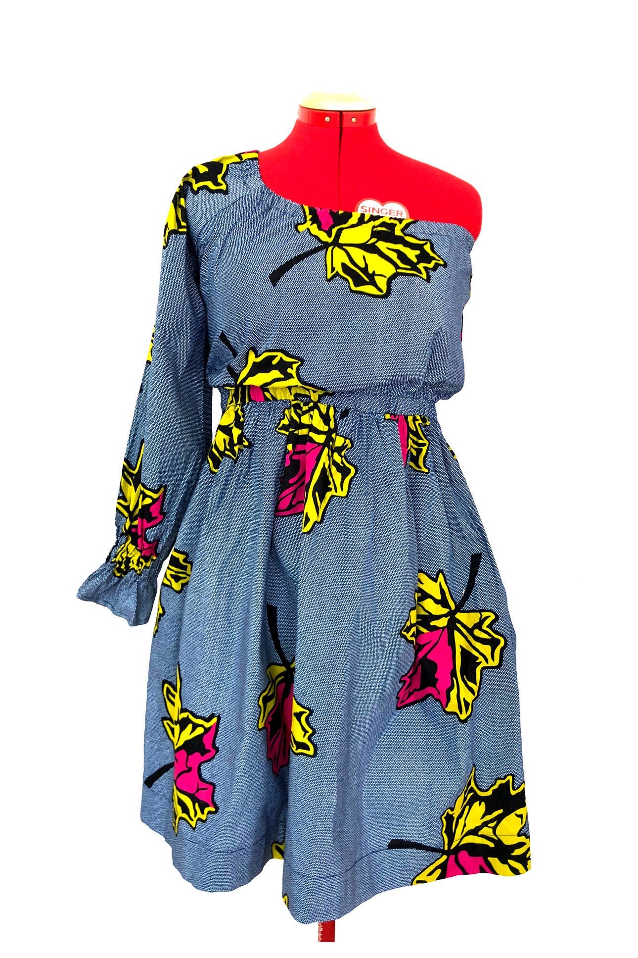 ODOUSSOU Wax print one shoulder dress with 2 pockets - Pink