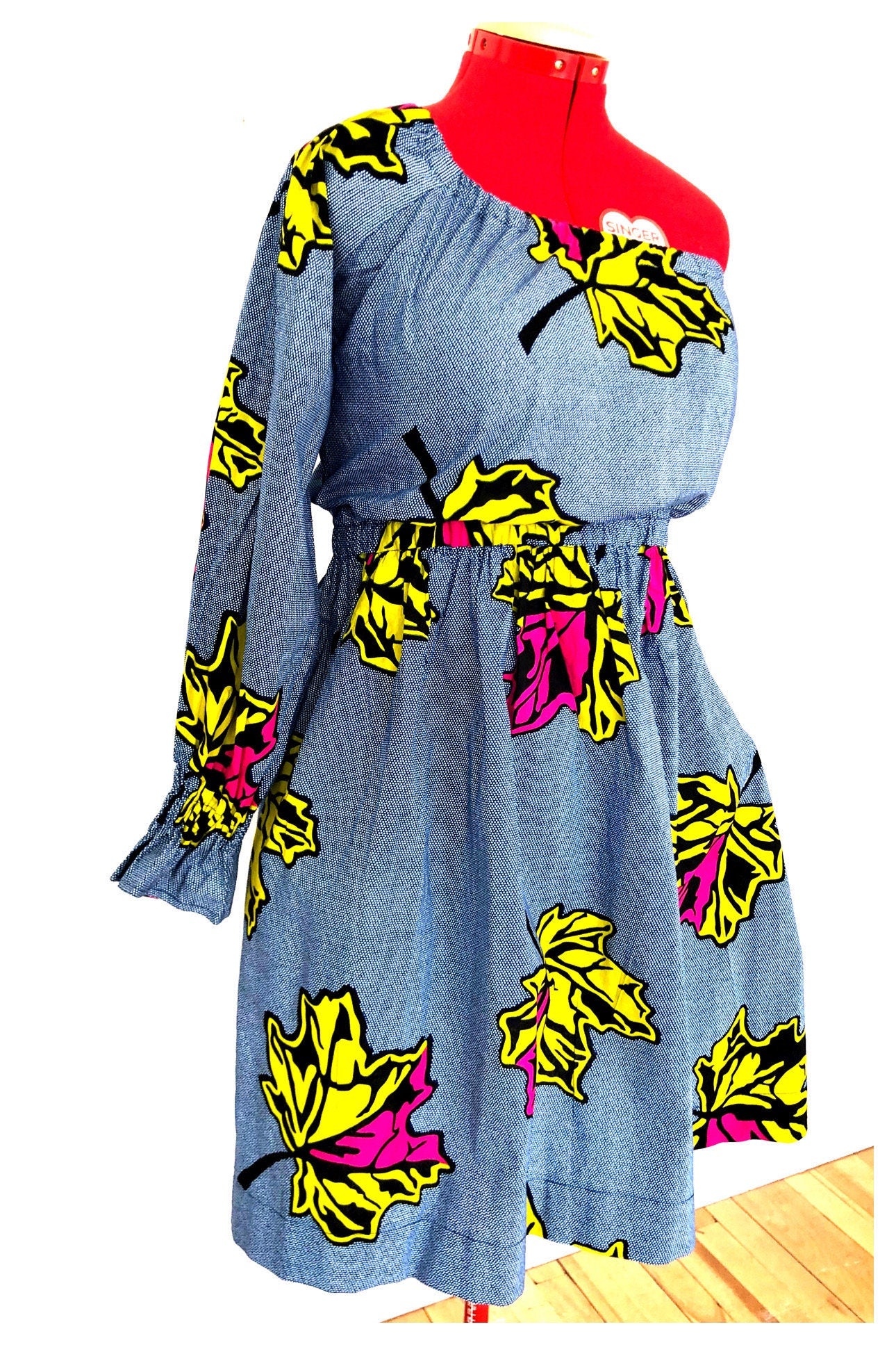 ODOUSSOU Wax print one shoulder dress with 2 pockets - Pink