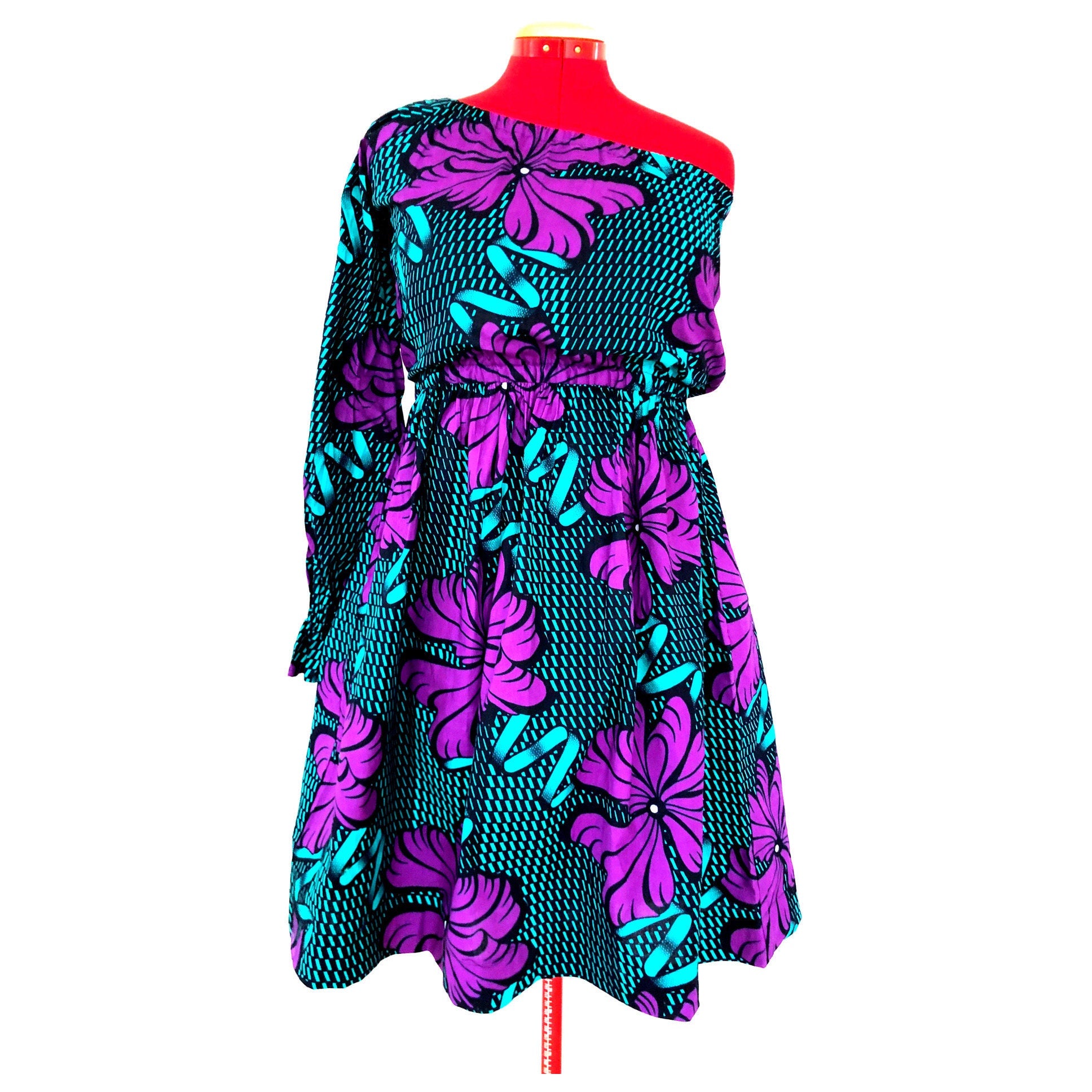 ODOUSSOU Wax print one shoulder dress with 2 pockets - Purple