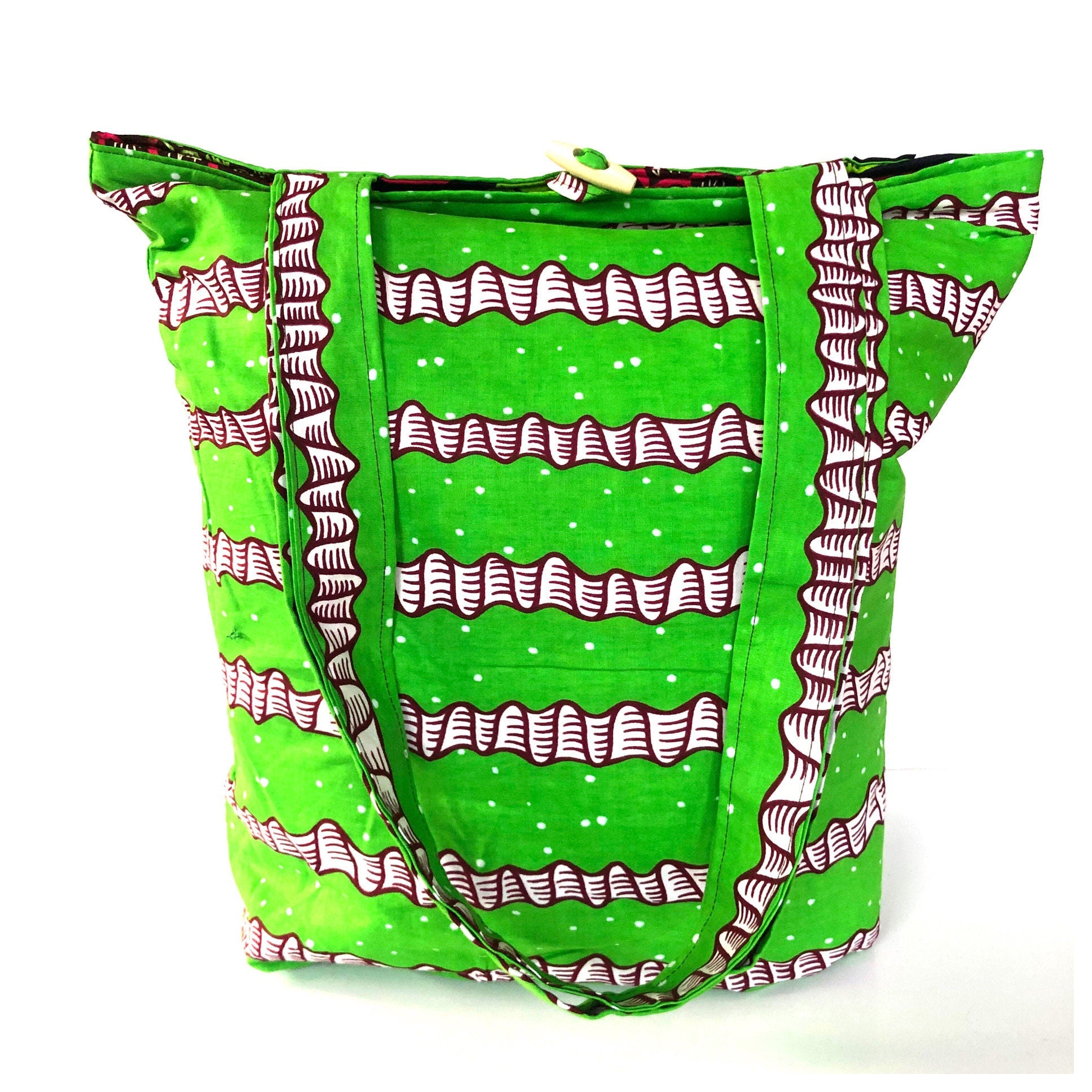 PIEH Big Patchwork African  fabric quilted tote Bag - Green