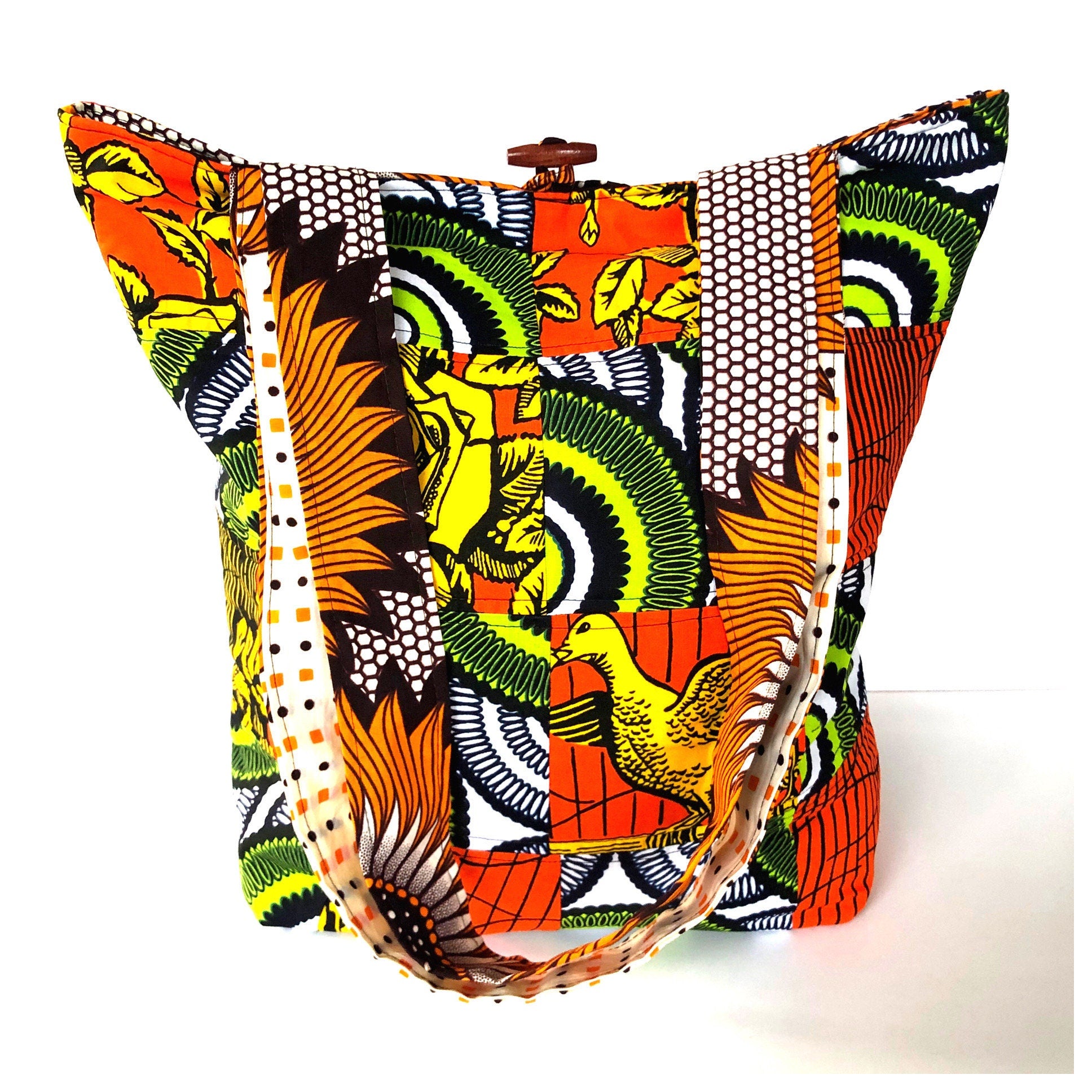 PIEH Big Patchwork African  fabric quilted tote bag- Orange