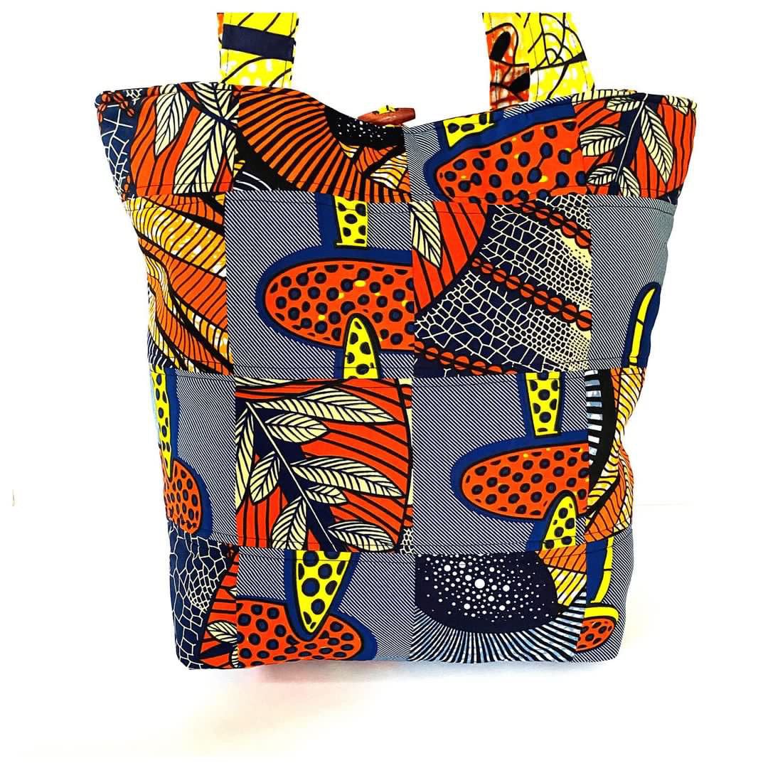 PIEH Big Patchwork African  fabric quilted tote bag - Blue
